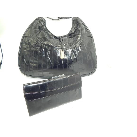 Rare Vintage Lee Sands Eel Skin Black Shoulder handbag w Wallet BOGO LimitTime - Picture 9 of 15